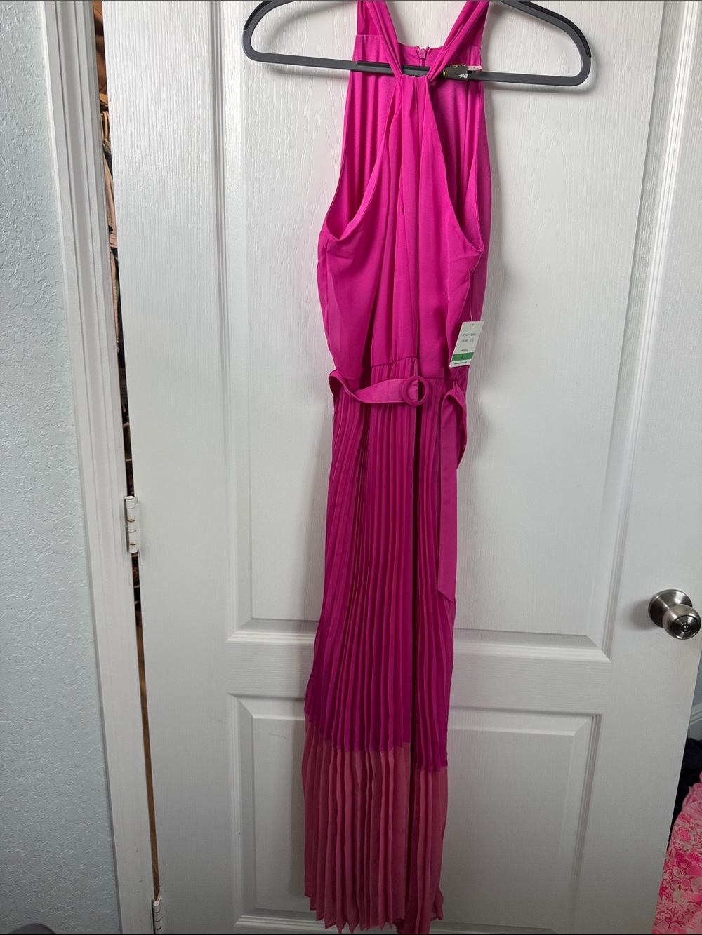 Taylor Dresses Fuchsia Pink Pleated Halter Maxi Dress